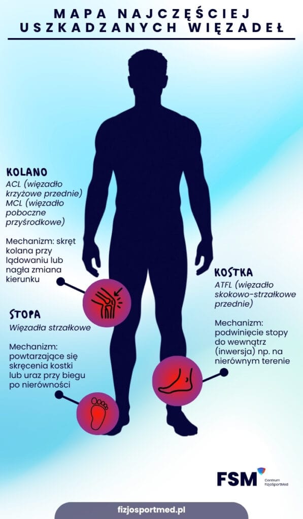 Naderwane więzadło przyczyny, objawy, leczenie i rehabilitacja 2 Mapa Najczesciej Uszkadzanych Wiezadel